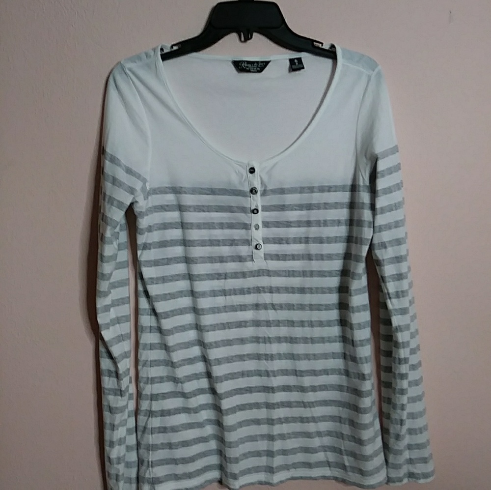 Maison Scotch gray and white striped long sleeve.